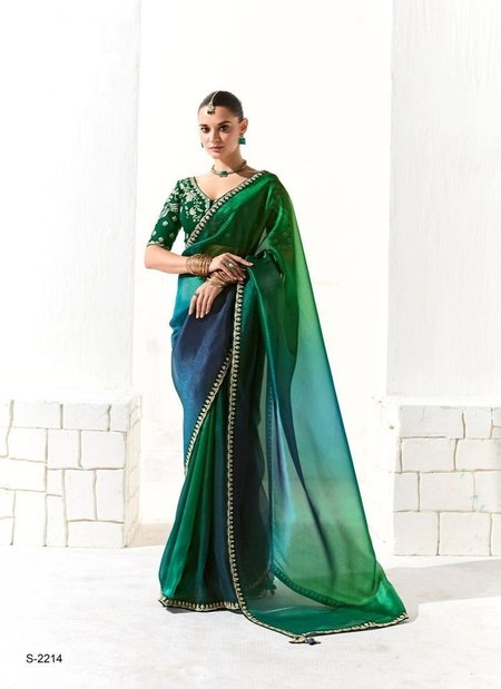 Green And Blue Colour Organza Tissue Border Saree Wholesale Shop In Surat